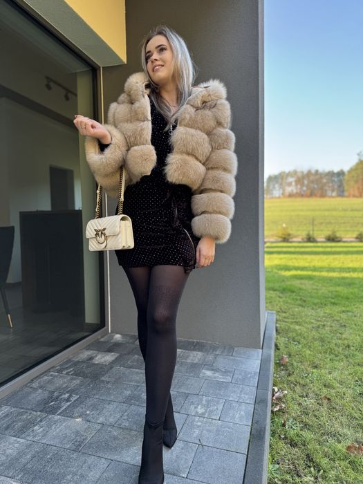 Futro 100% lis krótkie beżowe s/m kaptur naturalne premium nowe