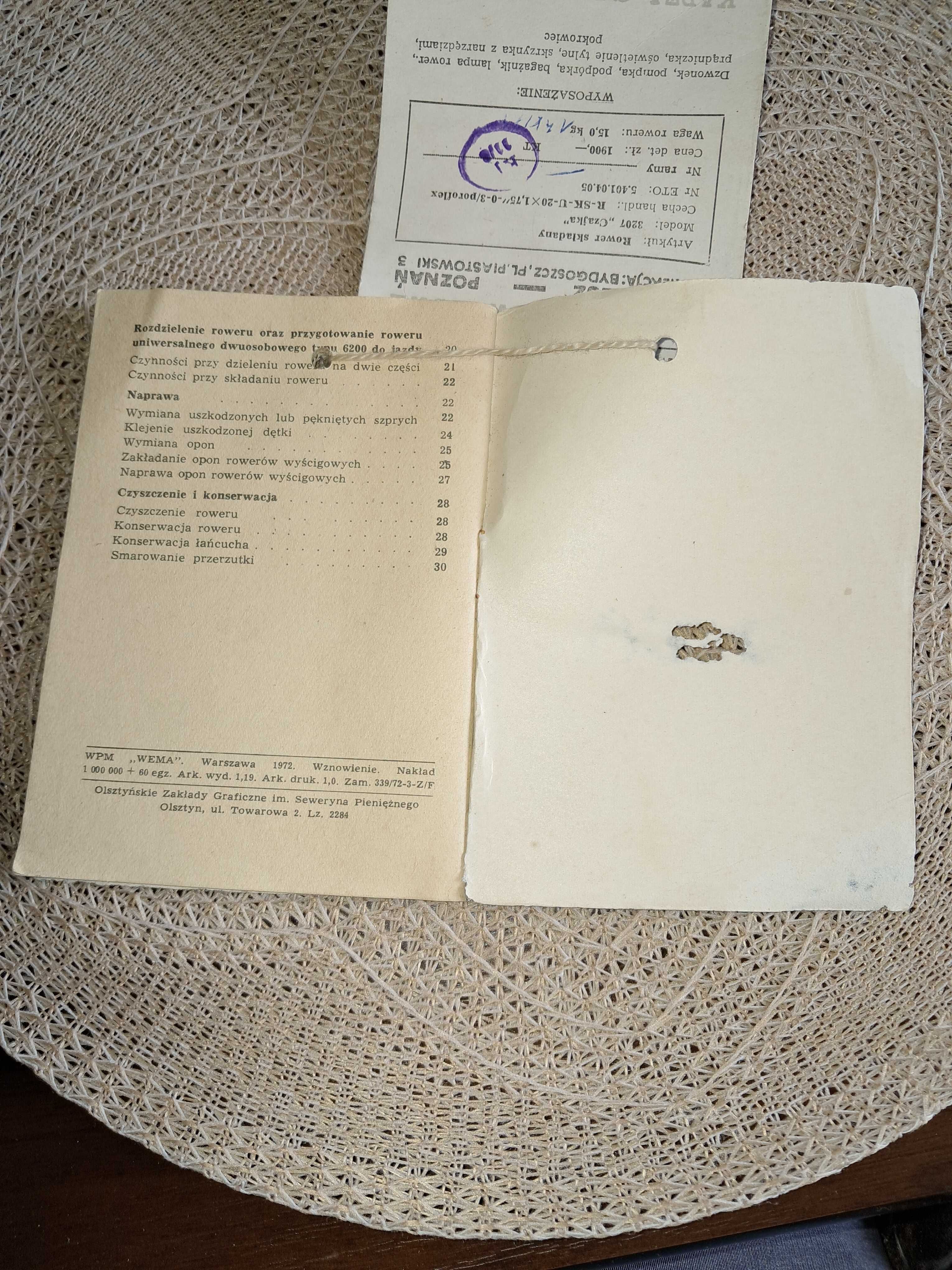 Instrukcja obsługi rowerów PREDOM ROMET 1972 rok + karta gwarancyjna