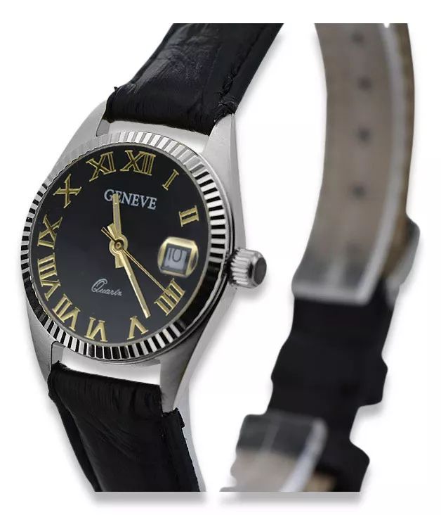 Zegarek damski z białego złota 14k Geneve z czarną tarczą lw020wdbc P
