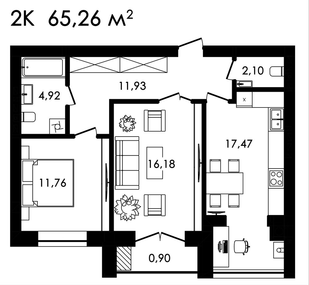 2 к.кв 65.26 м² ЖК «Нова Будова-2»