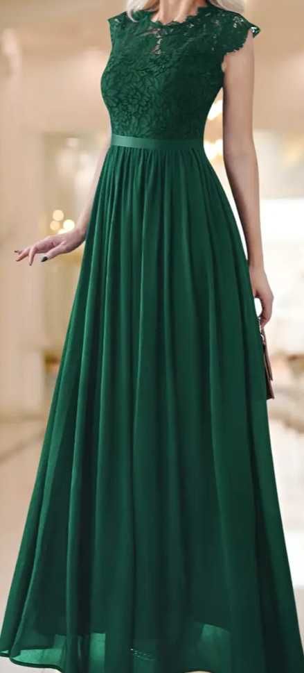 Elegancka Zielona Sukienka Maksy z Koronką L i XL