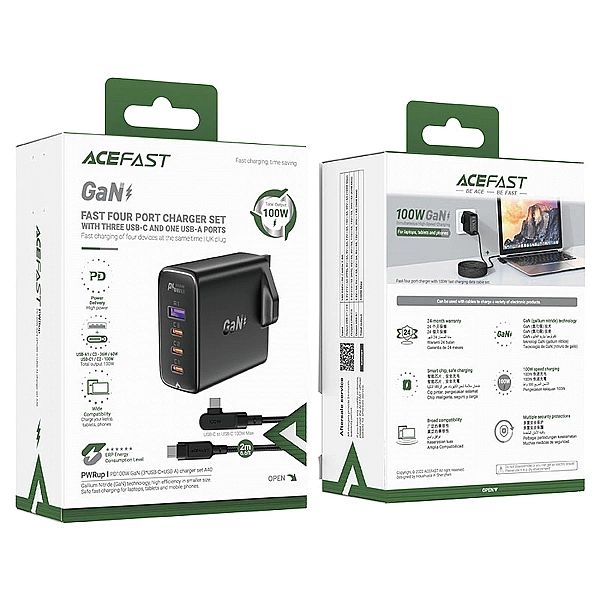 Szybka ładowarka GaN UK Acefast A40/100W PD 3x USB-C 1x USB-A - czarna