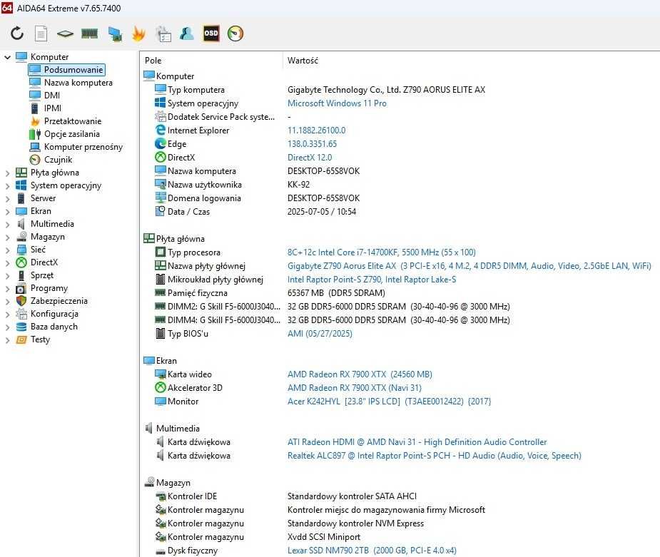 PC GAMING i7-14700 KF / Aorus Z790/ DDR5 64 GB/ NM790 2TB
