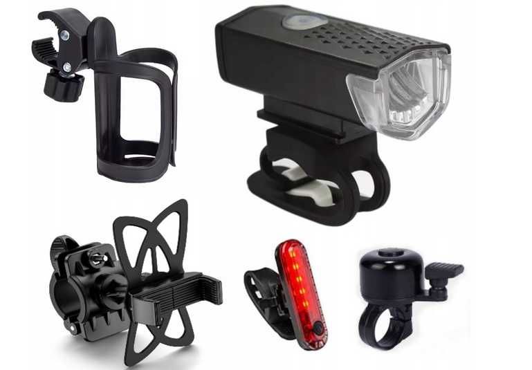 Lampki rowerowe LED komplet,usb+uchwyt na telefon i bidon,dzwonek,nowe