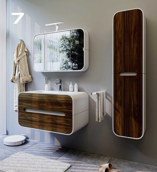 Меблі у ванну кімнату з акрилового каменю. Тумба, пенал, дзеркало