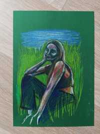 Rysunek postaci suche pastele dziewczyna na łące portret ekspresjonizm