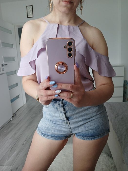 Liliowa bluzka odkryte ramiona new look
