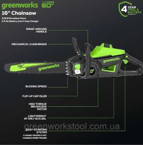 Greenworks 60 V, 2квт Ланцюгова пила акумуляторна,с АКБ и ЗП