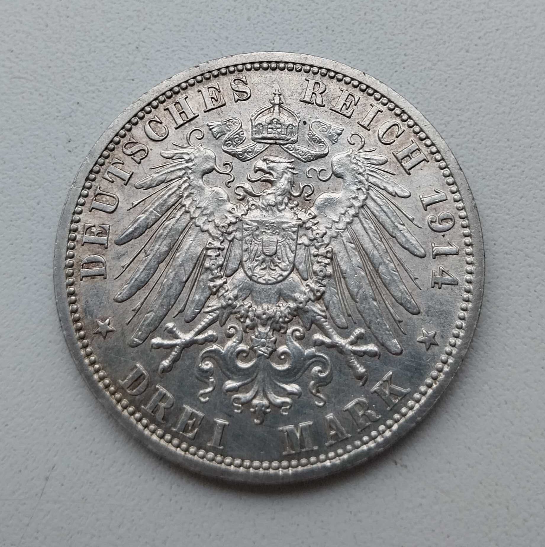 3 марки 1914 г. Пруссия Вильгельм Германская империя Штемпельная