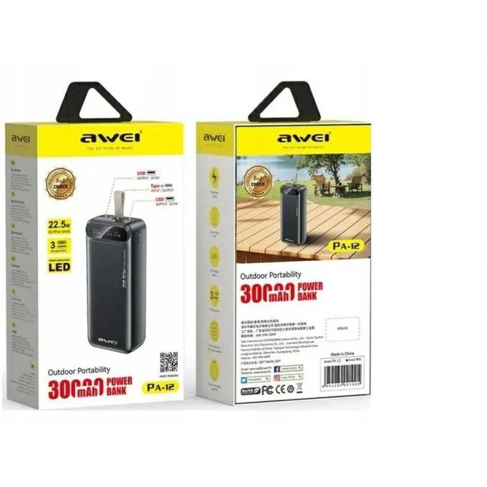Power bank Awei PA12 30000mAh PD22,5W+быстрая зарядка батарея зарядка