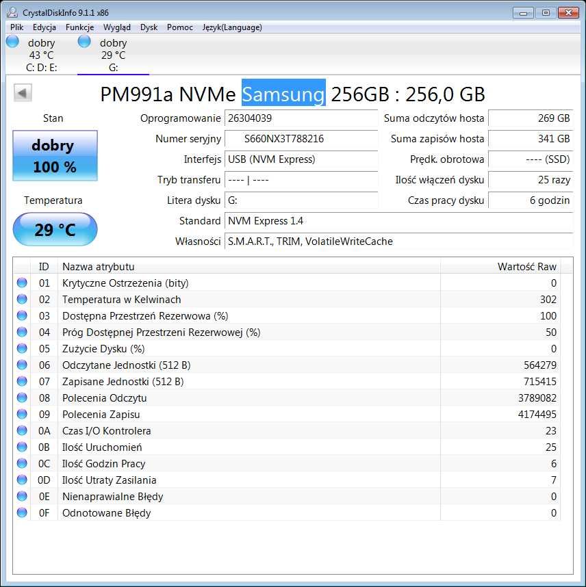 Samsung PM991 MZ-9LQ256 PCI-Express PCIe Dysk SSD NVMe 256GB M.2 2230