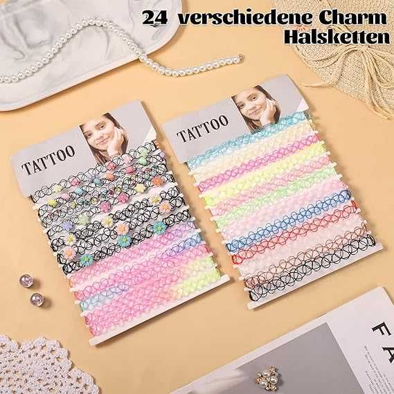 Zestaw 24 naszyjników elastycznych chokerów czarne kolorowe