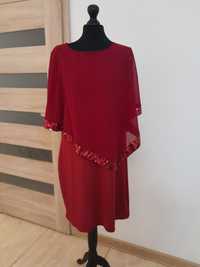 Czerwona prosta elegancka sukienka z narzutka cekiny Xl 42