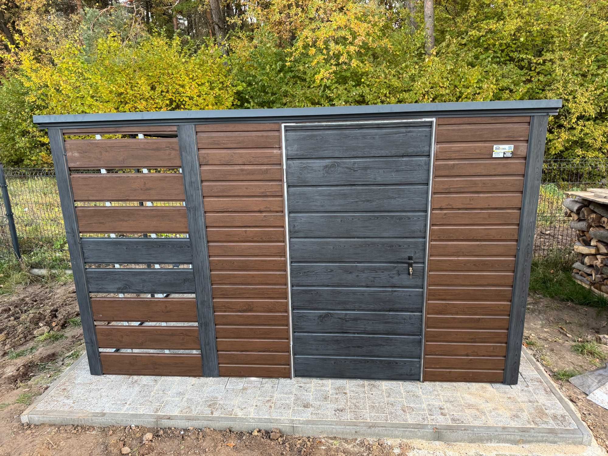 Garaż blaszany/schowek ogrodowy 3x2.5m, orzech + sosna, profil ocynk