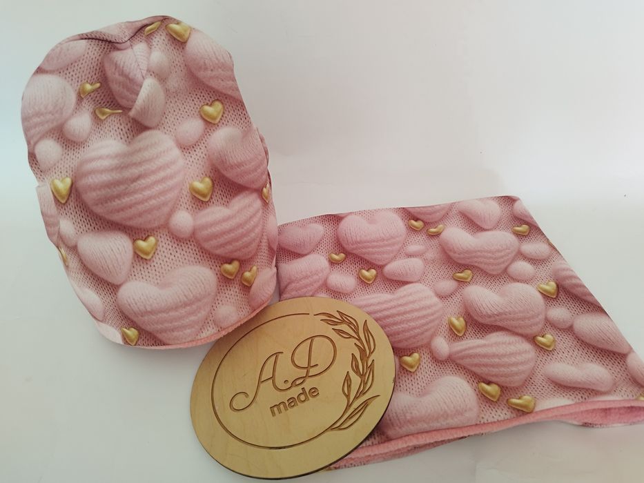 Ocieplany komplet zestaw czapka komin Serduszko sweterek