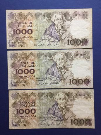 Lote 3 notas de 1000 escudos Teófilo Braga - 1992 e 1994