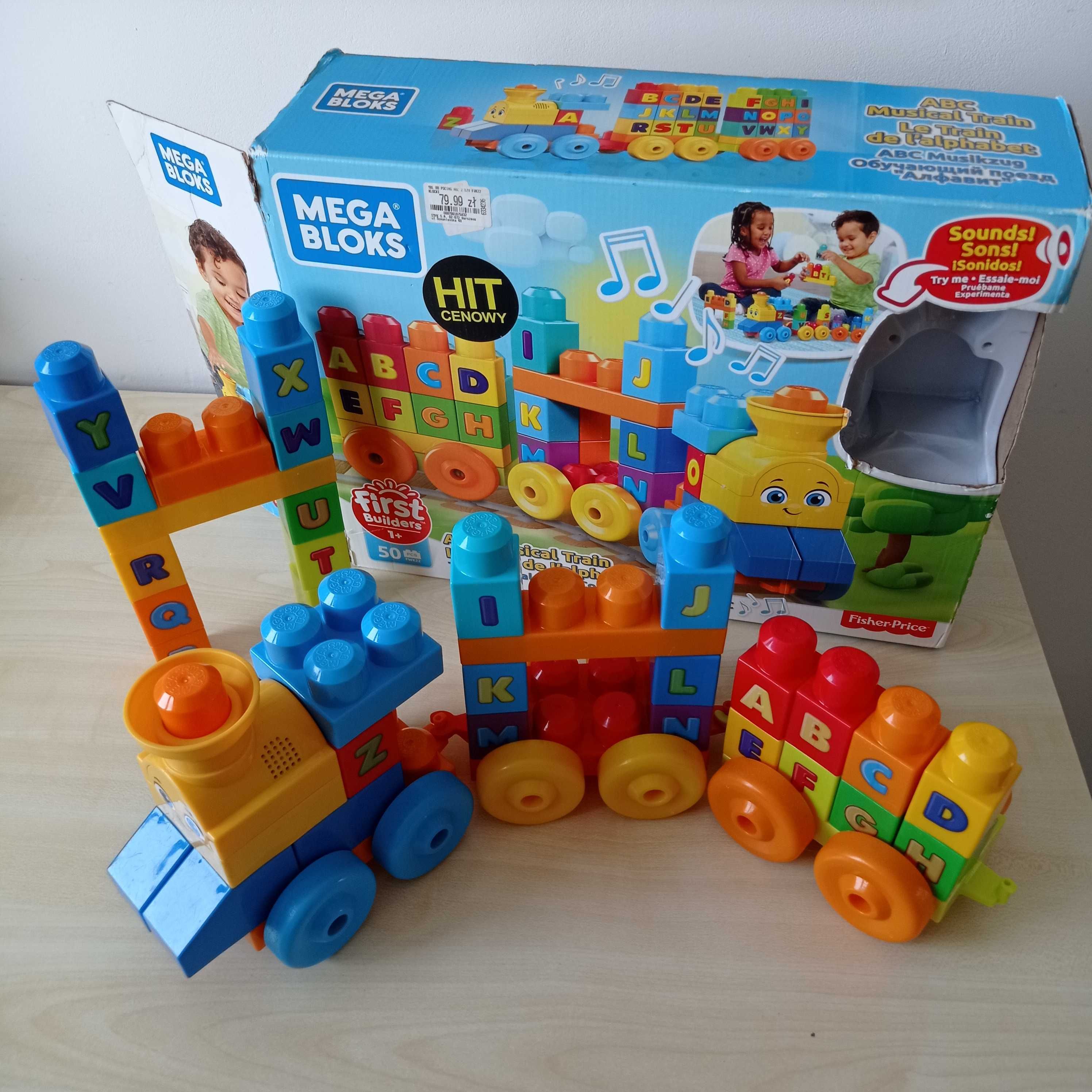 klocki, muzyczny pociąg z literkami fisher price