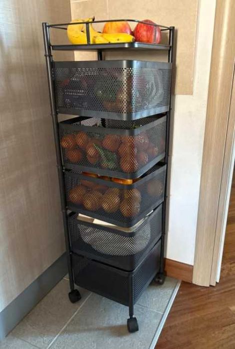 Regał Wózek Kuchenny Mobilny na Kółkach Pięć Koszy Czarny 90cm