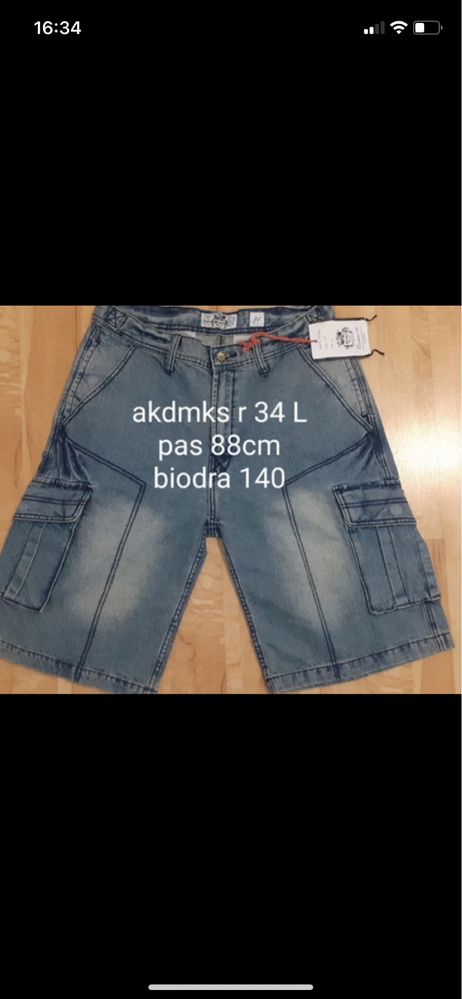 Akdmks 34 L męskie bedmudy cargo spodenki szorty jeansy niebieskie