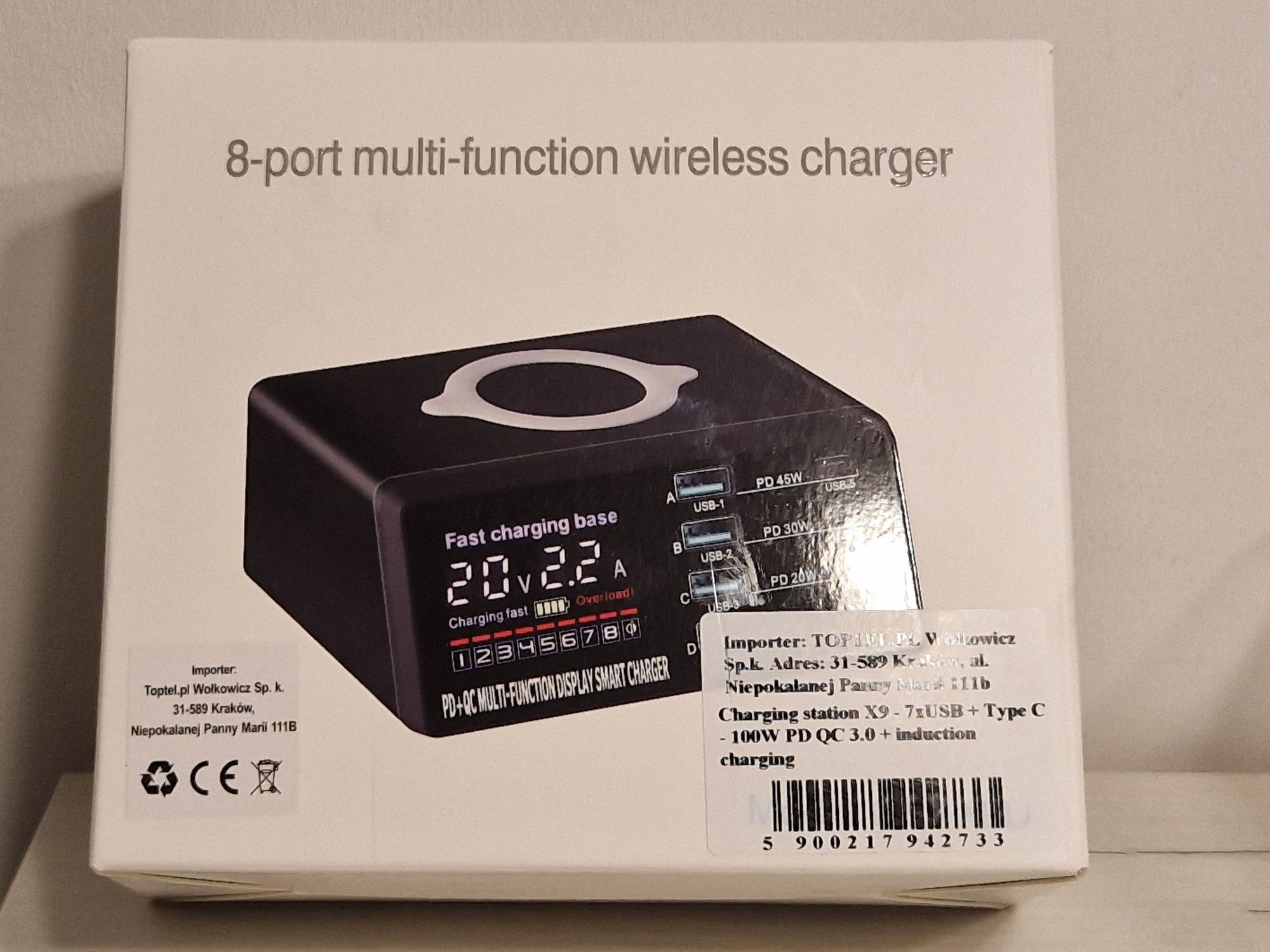 Stacja ładująca X9 - 7xUSB + Typ C - 100W PD QC 3.0+ładowa. indukcyjne