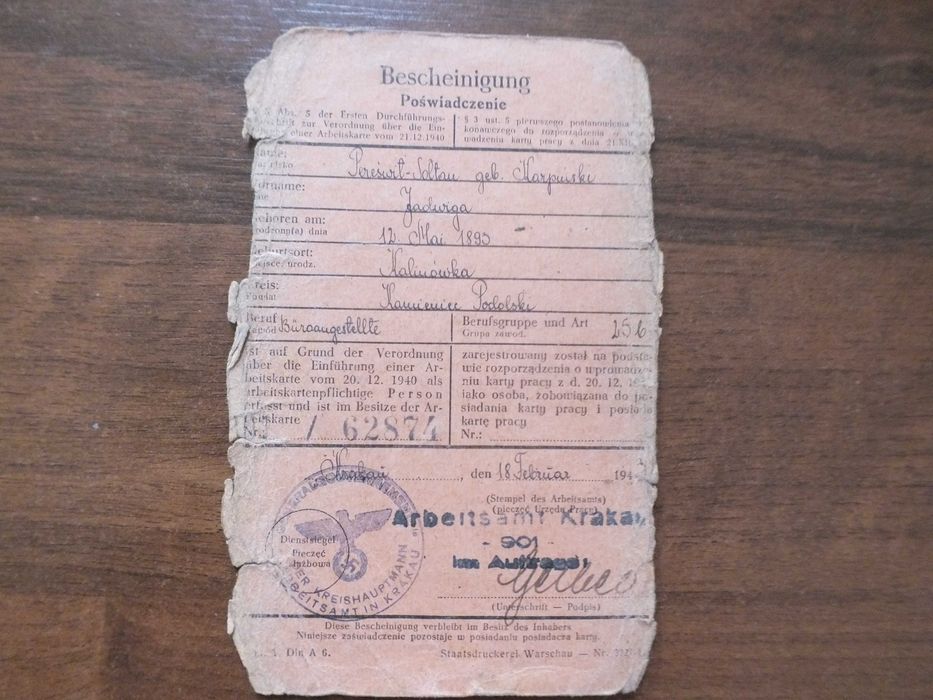 Dokument- Bescheinigund -Poświadczenie o zatrudnieniu.Kraków  1943