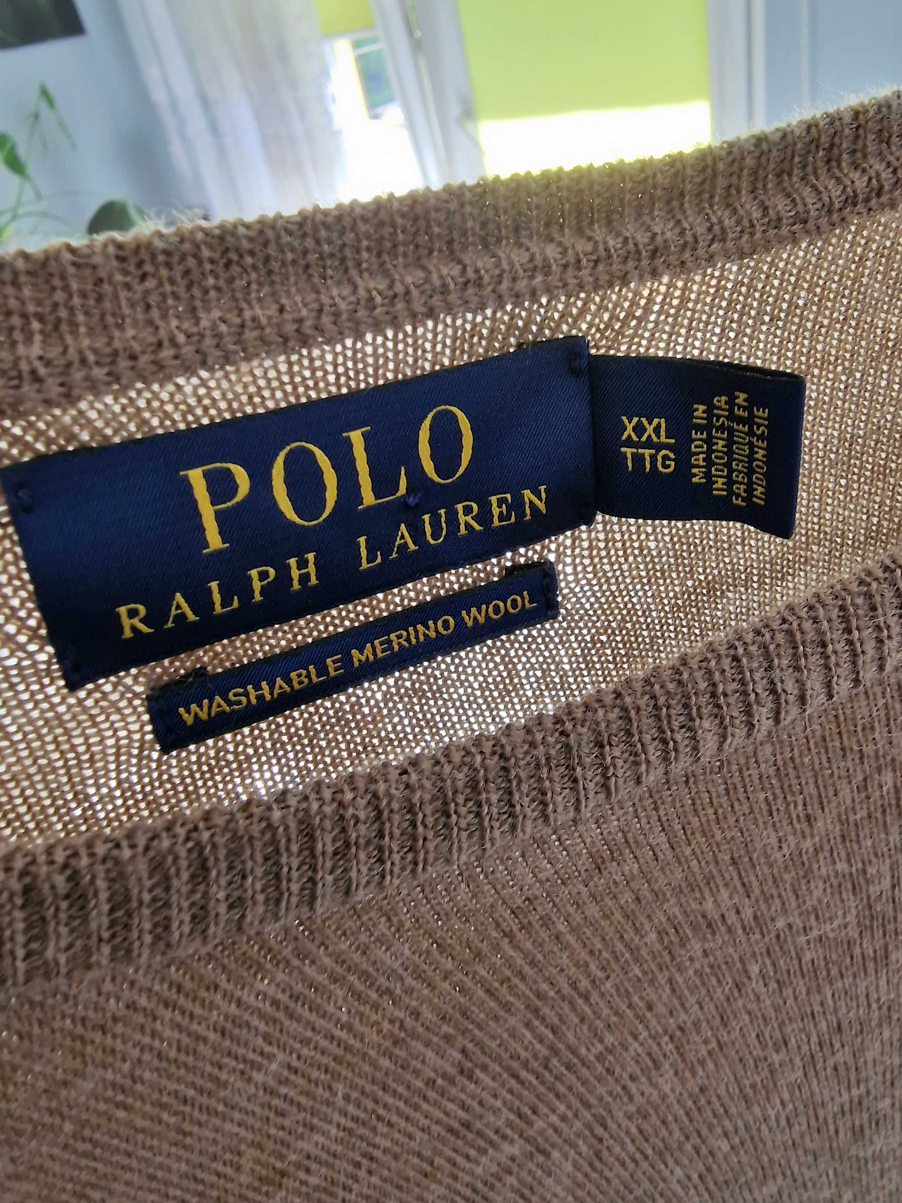 Męski sweter POLO Ralph Lauren, brązowy, roz.XXL, merio wool, dziruka