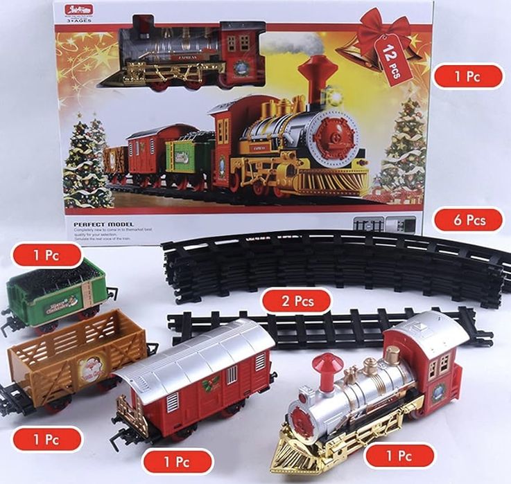 Дитяча різдвяна залізниця поїзд що світиться та гуде святкова іграшка