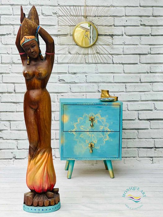 Turkusowa szafka z mandalą, orientalna, ciekawe uchwyty, wysyłka