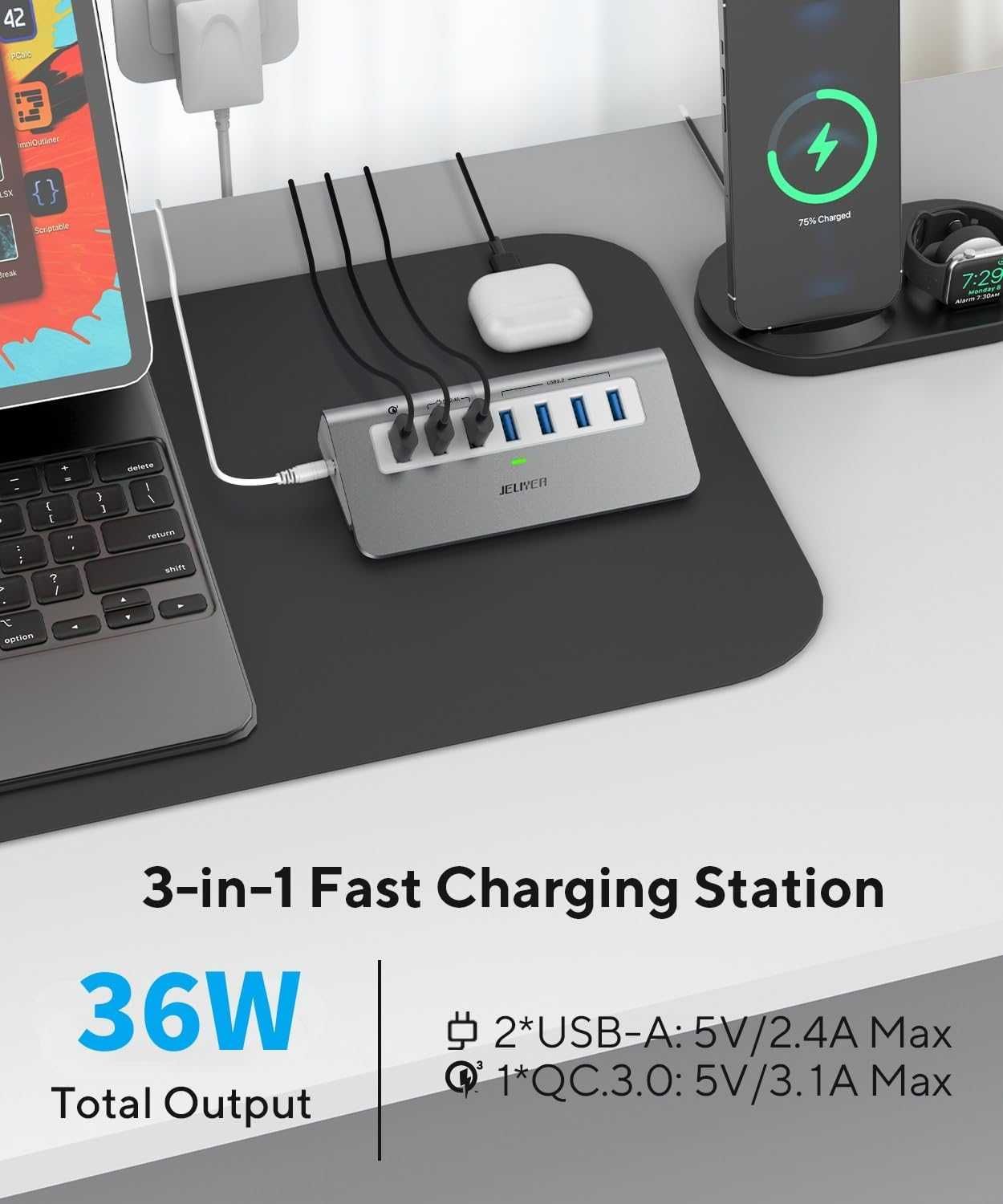 Zasilany hub USB 3.2 10 Gb/s, 7 portów ładowarka