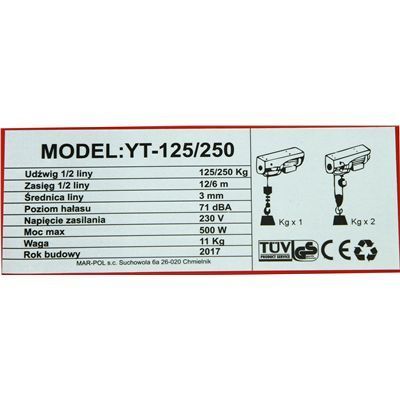 Wyciągarka Elektryczna Linowa 230V 500W 250Kg