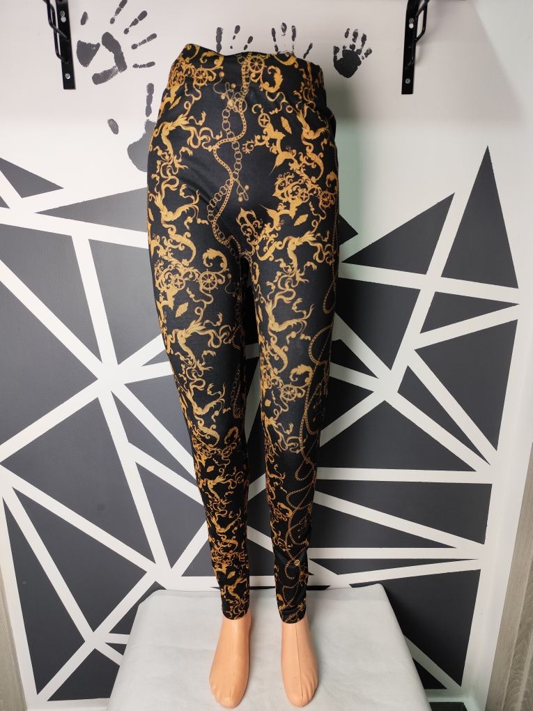 NOWE Damskie czarne legginsy złoty wzór rozmiar M