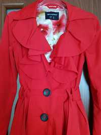 Czerwony elegancki płaszcz Damski r.36 z kokardą i wiązaniem