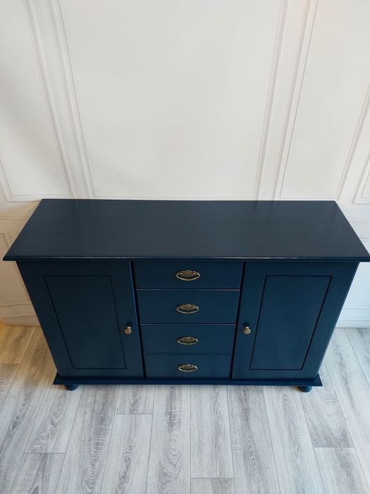 Odnowiona drewniana granatowa komoda / szafka RTV
