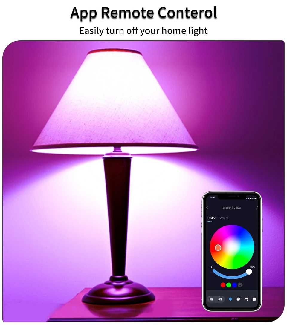 Lâmpada RGB inteligente, controlo por Bluetooth no telemóvel