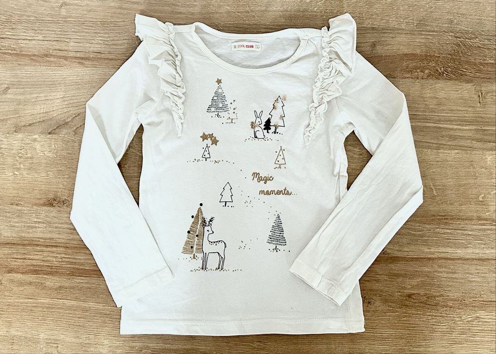 Bluzka z długim rękawem print świąteczny święta biała złota 110 Smyk