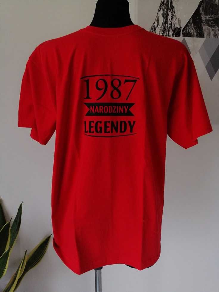 Czerwona koszulka z nadrukiem urodzinowym, rok urodzin 1987.