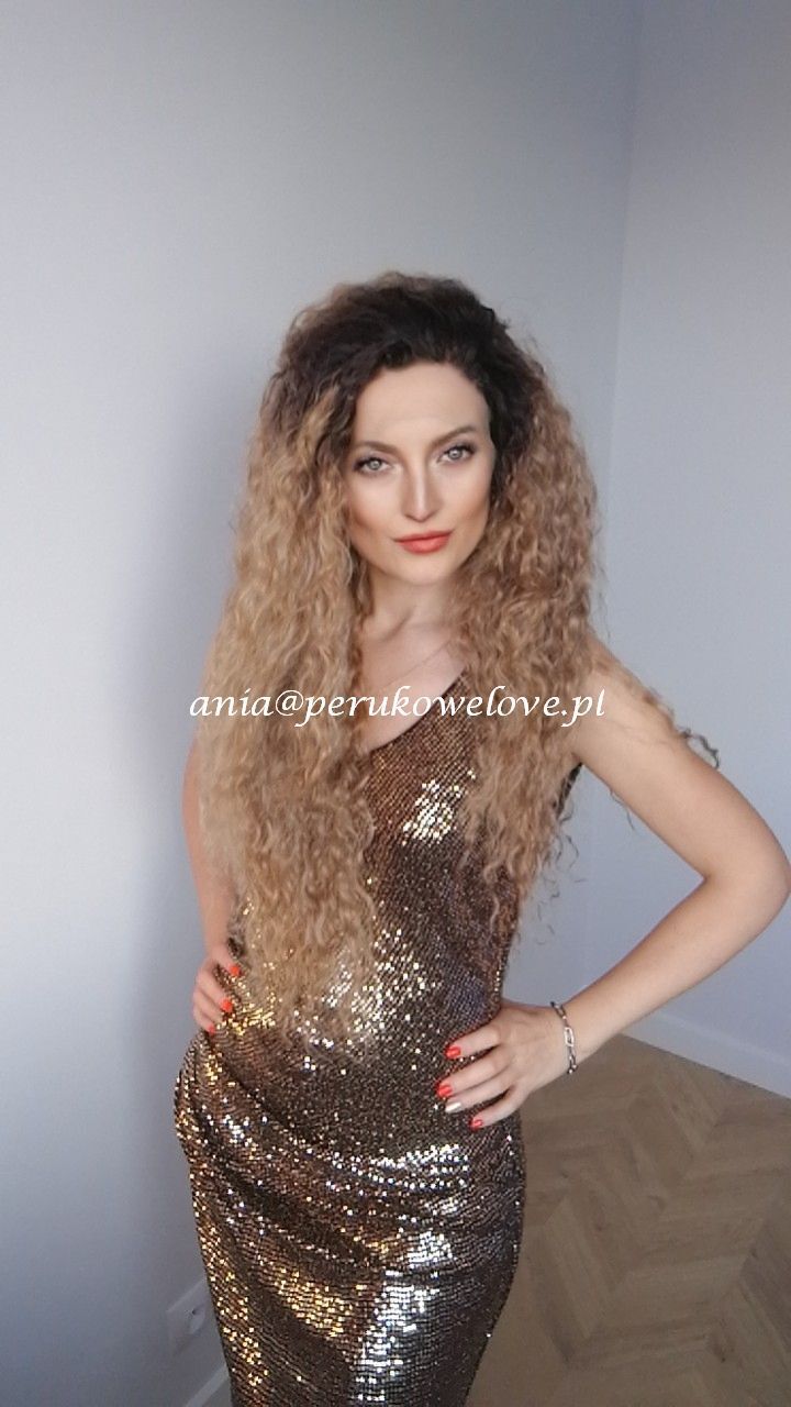 Peruka karmelowy blond lace front z odrostem afro loki kręcone włosy