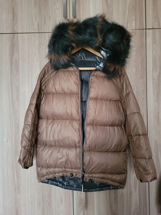 Zimowa dwustronna kurtka oversize M grafitowo beżowa nowa futerko