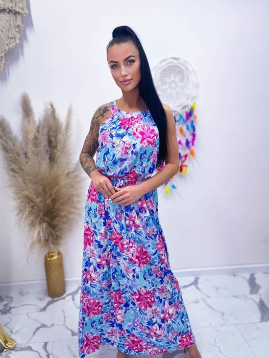 Sukienka wiskoza 36,38 niebieska długa 40,42 różowa letnia codzienna