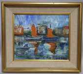 Widok na łodzie rybackie w porcie, olej/płótno Louis Zelig 1922 - 1993