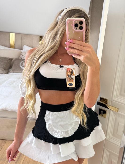 Przebranie komplet bielizny sexy pokojówka top spódnica halloween S/M