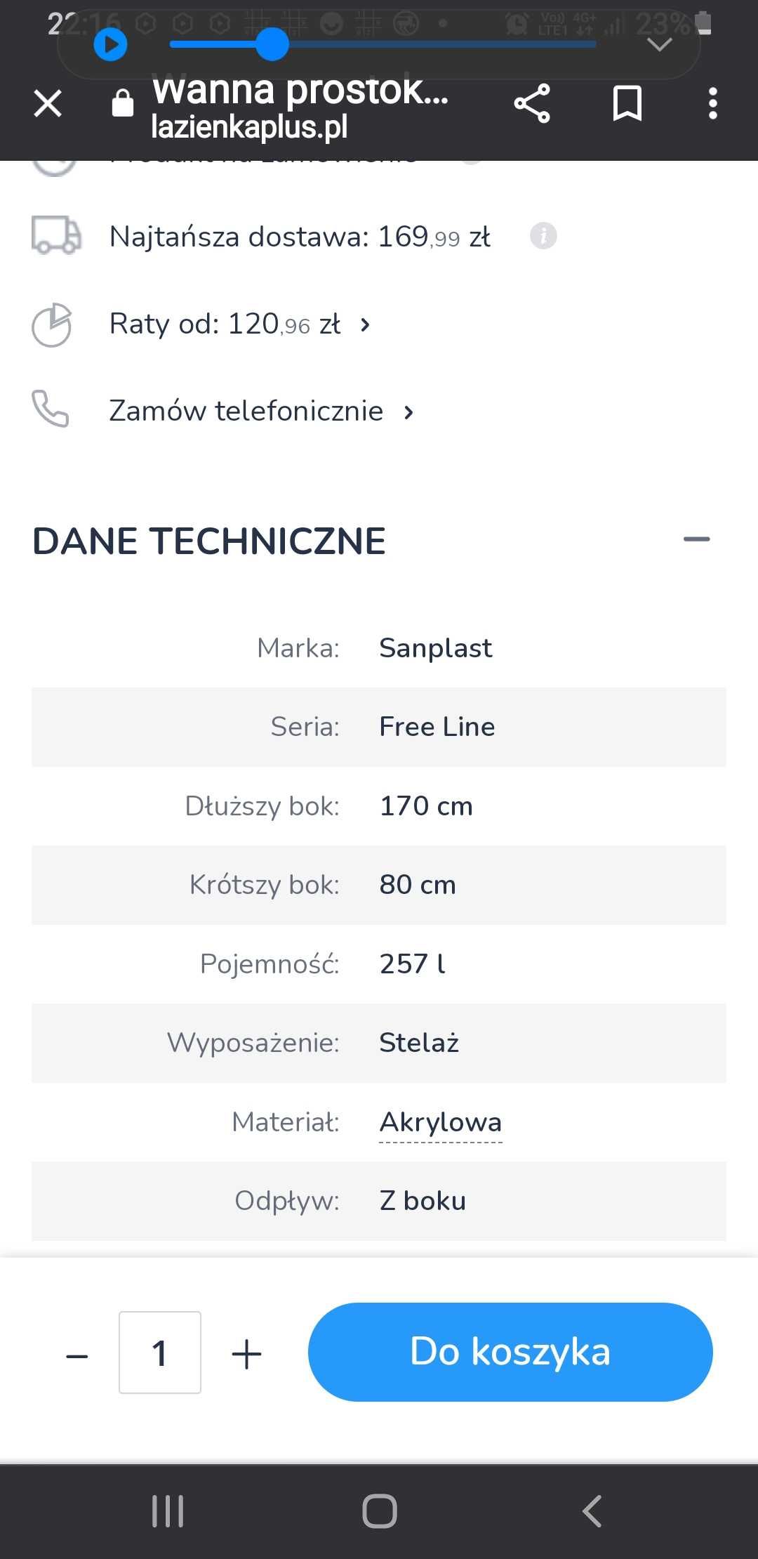 Wanna prostokatna do zabudowy Sanplast Free Line 170x80cm