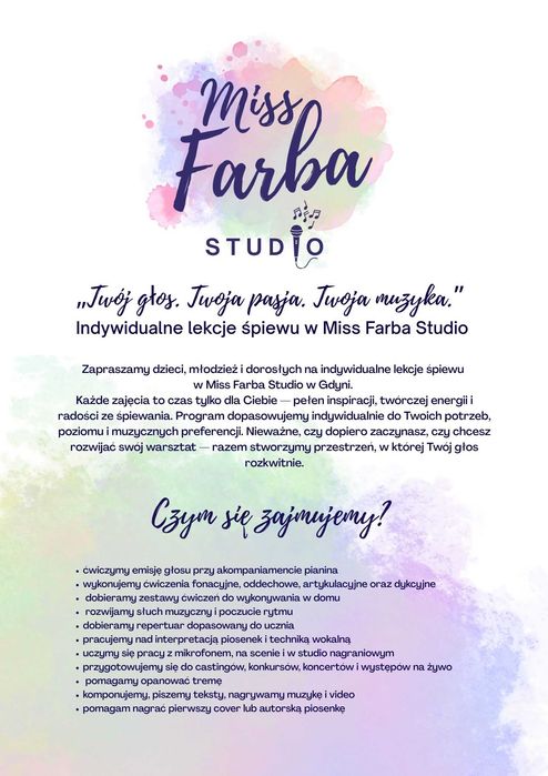 Lekcje śpiewu, nauka wokalu, emisja głosu Miss Farba Studio Gdynia