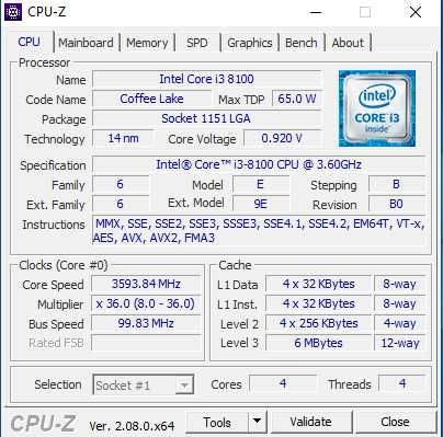 Procesor Intel Core I3 8100 4x3,6 GHz 6MB LGA 1151 + chłodzenie