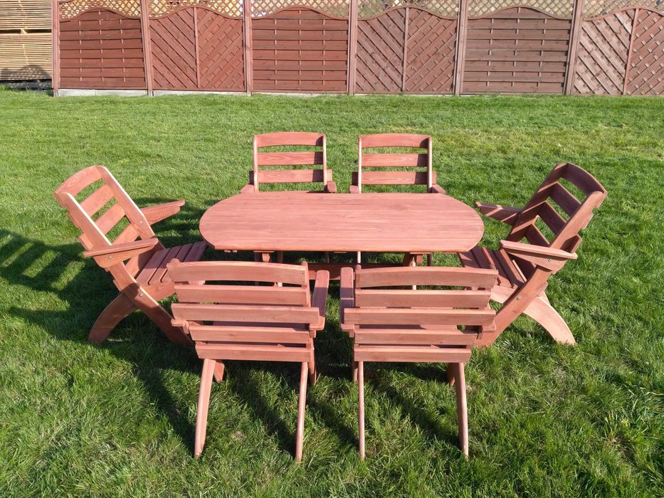 Meble ogrodowe drewniane, składane, 6 krzeseł + stół owalny X2