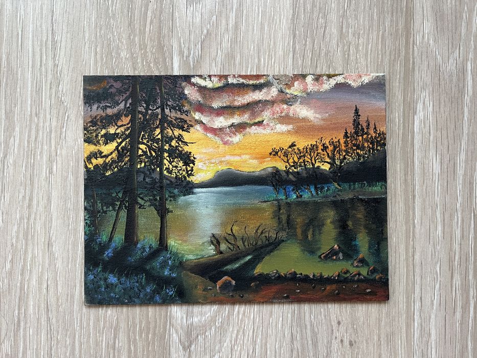 Krajobraz ekspresyjny drzewa nad jeziorem arkryl na desce