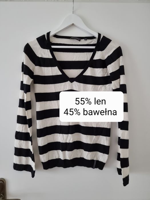 Cienki sweter bluzka lniana 55% len 45% bawełna w paski biały czarny