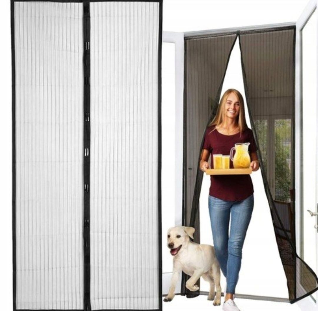 Moskitiera na drzwi czarna 90 x 210 cm z zamknięciem magnetycznym