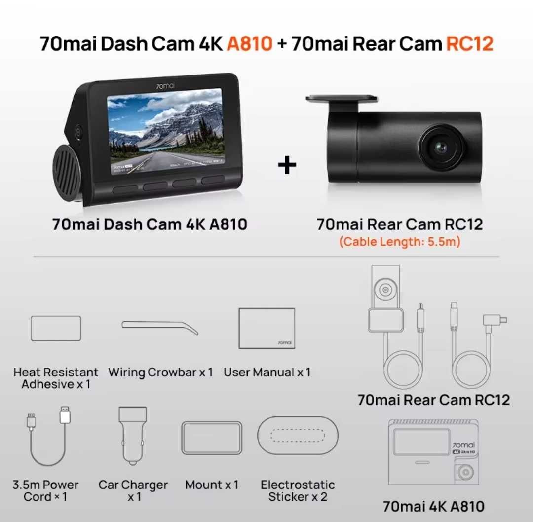 Відеореєстратор 70mai Dash Cam 4K A810 + камера RC12 HDR