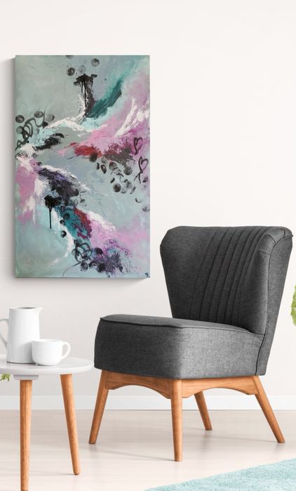 Quadro em tela original em acrílico, tons verde e rosa